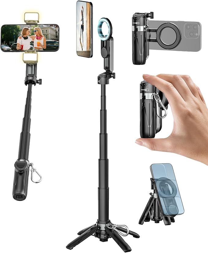 Magnetic Mini Selfie Stick for iPhone with Light (MPT-02) | 4 In 1 Portable Pocket Selfie Stick Tripod for iPhone & Android with Rechargeable Remote, Removable Phone Clip by USKEYVISION