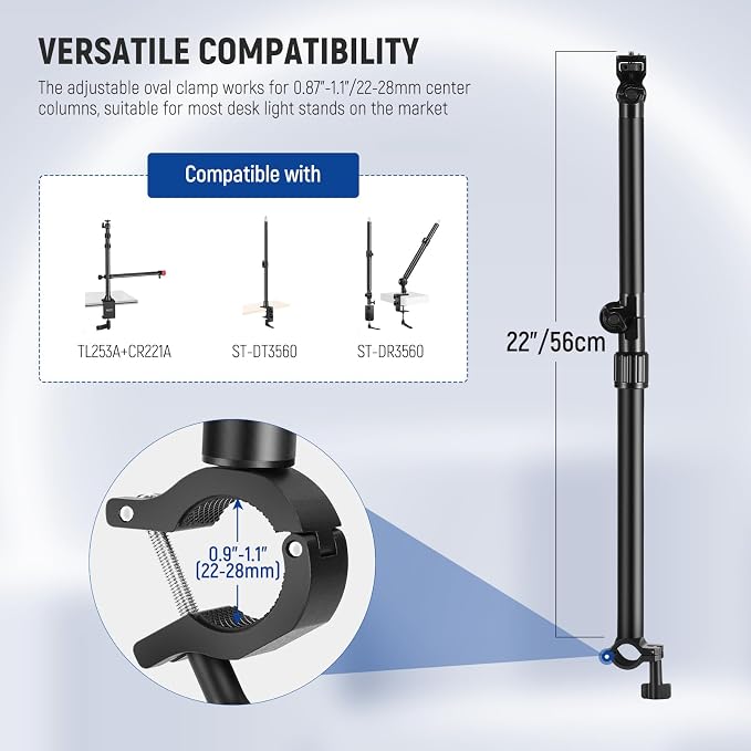 NEEWER Overhead Camera Mount Arm with Phone Clip, 22"/56cm 180°&360° 2 Section Flexible Holding Arm for Desk Stand, Fits 0.87"-1.1" Tube, 5.5lb/2.5kg Max Load for Camera LED Ring Light Mic, DS009 | 22"/56cm Clamp on Flexible Holding Arm for Desk Stand,... - Image 4