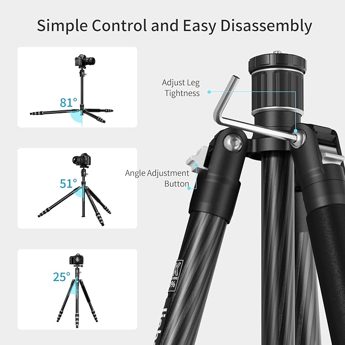Carbon Fiber Camera Tripod, 62" Professional Video Tripod for Camera with 360° Ball Head, 1/4" Arca QR Plate, Compact Lightweight Travel Monopod for DSLR/Smartphone, Max Load 17.6 lbs/8kg - Image 8