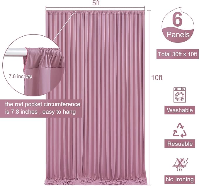 6 Panels Dusty Pink Backdrop Curtain for Parties Wedding Wrinkle Free Pink Photo Curtains Backdrop Drapes Fabric Decoration for Birthday Party Baby Shower 30ft(W) x 10ft(H) - Image 5
