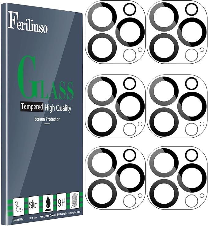 Ferilinso Camera Lens Protector for iPhone 14 Pro Max/15 Pro Max/14 15 Pro | 6 Pack, 9H+ Tempered Glass, Military-Grade Shatterproof Camera Cover, Case Friendly, HD, No Flash Glare for Night Shooting by Ferilinso