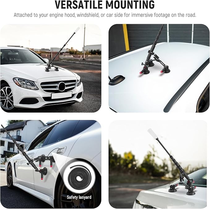 NEEWER Triple Suction Cup Car Mount Compatible with Insta360 X5 X4 GoPro DJI OSMO 360 Cameras, Quick Release Outside Windshield Magic Arm Mount Kit with 2 in 1 Extension Pole/Selfie Stick, CA065 - Image 7