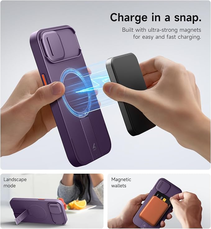 SURITCH for iPhone 13/14 Case with Magnetic Camera Slide Cover and Adjustable Kickstand, Compatible with MagSafe, Shockproof Bumper Case Slim Protective Cover for iPhone 13/14 6.1 Inch, Dark Purple - Image 3
