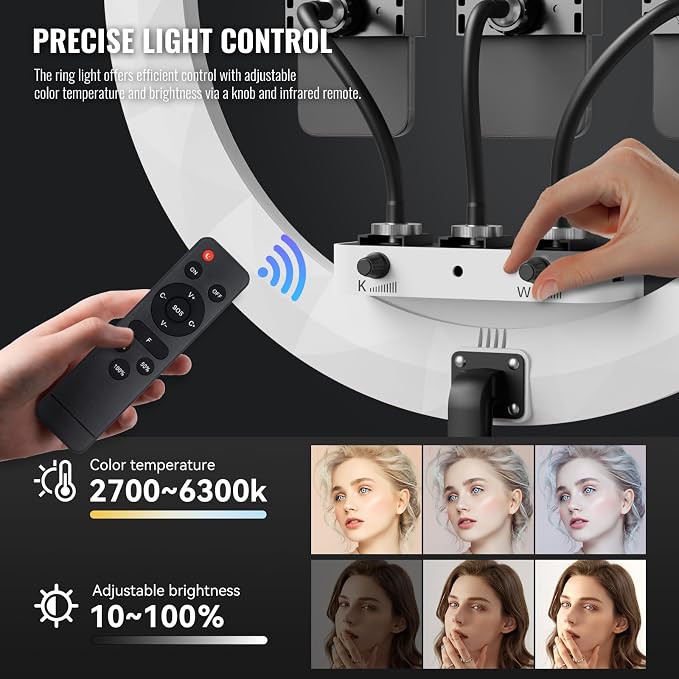 Ring Light with Stand, 19in LED Selfie Circle Light, Max 8ft/2.5m Tripod Stand, 3 Holders for iPhone, Remote Control, 6300K Color Temperature for Live Streaming, Barber, Makeup, YouTube, Tiktok - Image 3