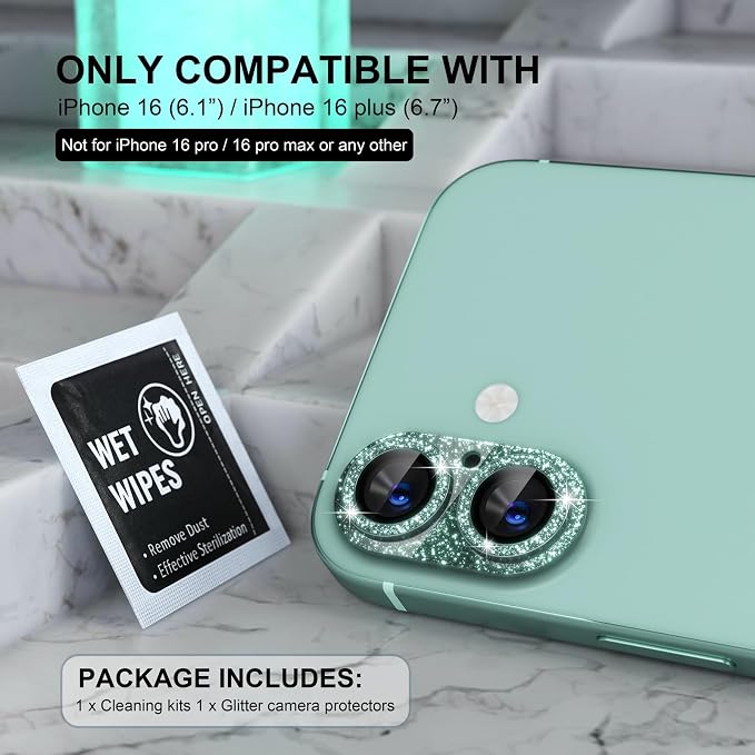 Choiche for iPhone 16 /iPhone 16 Plus Camera Lens Protector, Glitter-Teal | Bling Metal Camera Cover with 9H Tempered Glass Lens Screen Protector Accessories, Strong Adsorption, Case-Friendly - Image 2