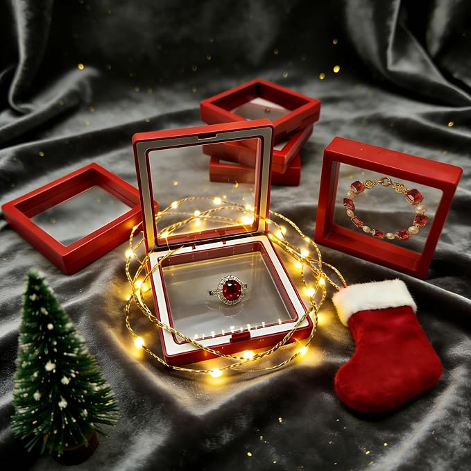 12 PCS Dual-Color Packaging Box 3D Floating Frame Display Stand, Color-Matching Packaging Display Box, Transparent Window Jewelry Case, PE Film Anti-Oxidation Storage Case. (Red+White) - Image 5