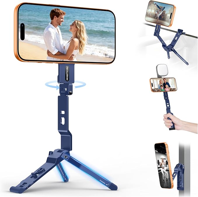 OMOTON TP03 [Ultra-Slim] 360° Rotating for MagSafe Tripod with Hook, Blue | Magnetic Phone Tripod for iPhone 17/16 Pro Max Air, Fold Cell Phone Stand with 1/4" Screw, Fits Vlog, Travel, Gym, Women Men by OMOTON