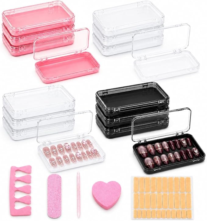 12Pcs Press On Nail Packaging Boxes for Long Nails | Large clear storage cases for long press ons; includes 30 adhesive tabs and bonus tools for nail salon use. by Unknown