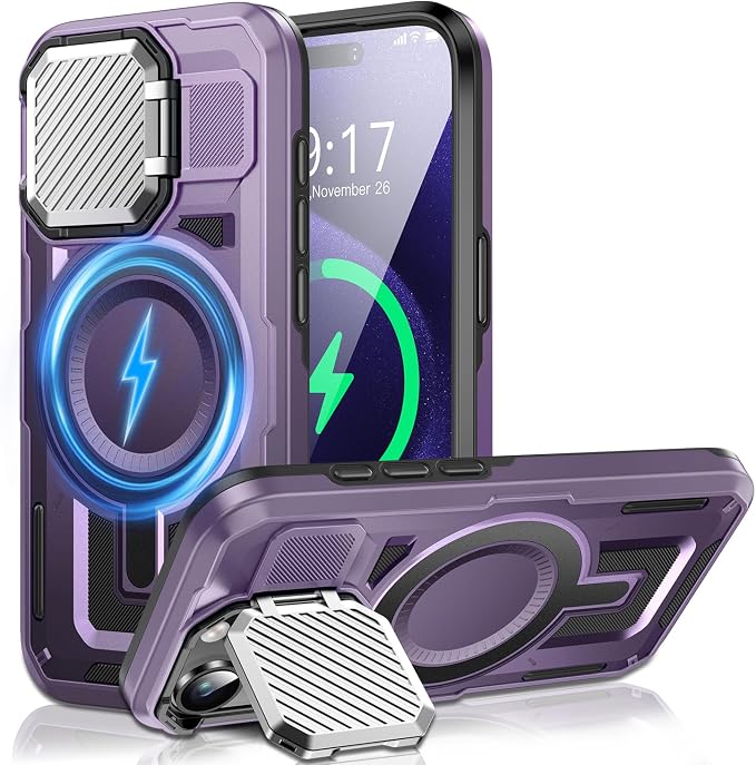 Camera Stand Case for iPhone 15 Pro Max, [Compatible with Mag Safe] [Lens Cover] 2024 Version Military Grade Protective Soft Case for iPhone 15 Pro Max 6.7 inch Men Women, Purple by WASTROYAL