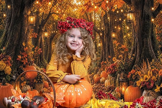 10x8ft Fall Autumn Forest Photography Backdrop Thanksgiving Photo Backdrops | Fall Woodland Pumpkin Maple Leaves Background with Orange Flowers, Thanksgiving Party Decorations Banner Photo Props Vinyl - Image 5