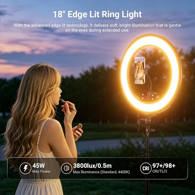 NEEWER 18" Ring Light, Wireless Professional Edge Lit Lighting with Tripod Stand, 45W 2900K-7000K CRI97+, 14.4V 3500mAh Battery, Phone Selfie Video Makeup Studio Streaming Photography, RB18B - Image 2