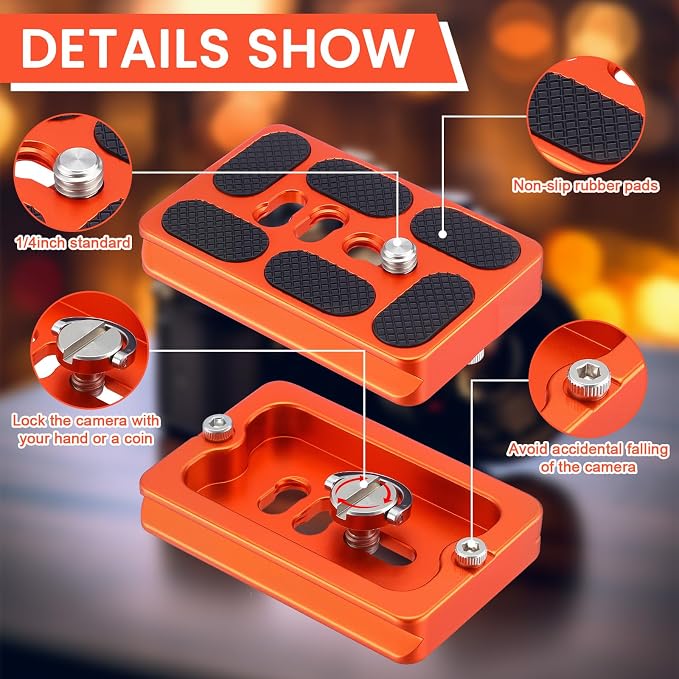 Frienda Quick Release Plate Tripod 1/4-20 DSLR,Pu60,Orange | Tripod Mount Plate, Camera Tripod Mount for DSLR Camera Tripod Ball Head , Metal, 1.9 x 1.5 x 0.4 Inch - Image 2