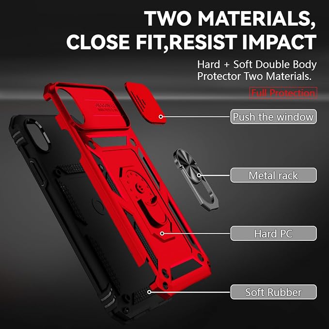 HNHYGETE for iPhone XR Phone Case with HD Screen Protector: [Military Grade 20ft. Drop Tested] Slide Camera Cover Ring Shockproof Protective Phone Case for - iPhone XR (Red) - Image 5