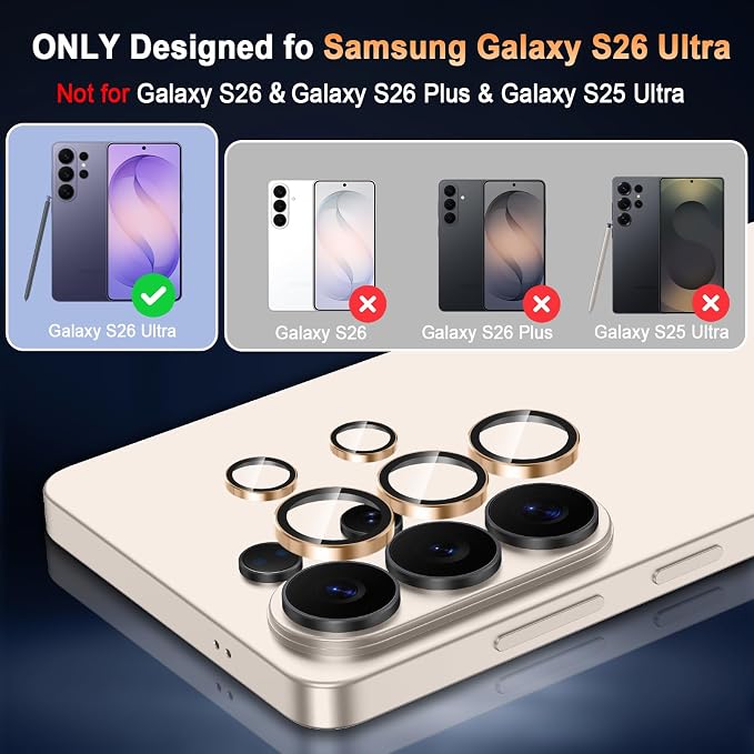 Meshine for Samsung Galaxy S26 Ultra Camera Lens Protector,Scratch Proof,Strong Adsorption,9H Hardness with Metal Ring Camera Cover,Ultra Thin Case Friendly, Accessories Lens Protector,Gold - Image 2