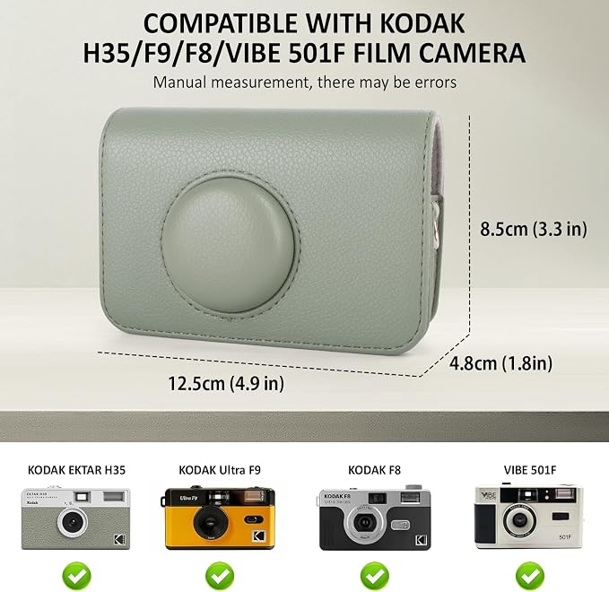 Protective Case Compatible for Kodak EKTAR H35 H35N Half Frame Film Camera, PU Leather Bag for Kodak Ultra F8/F9/VIBE 501F/I60 Camera with Shoulder Strap & 135 Film Storage Case - Green - Image 2