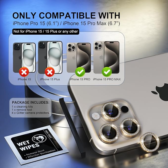 Choiche for iPhone 15 Pro/iPhone 15 Pro Max Camera Lens Protector | Ultra HD, Bling 9H Tempered Glass Camera Cover Screen Protector Metal Ring Decoration Accessories (Diamond-Gold) - Image 2