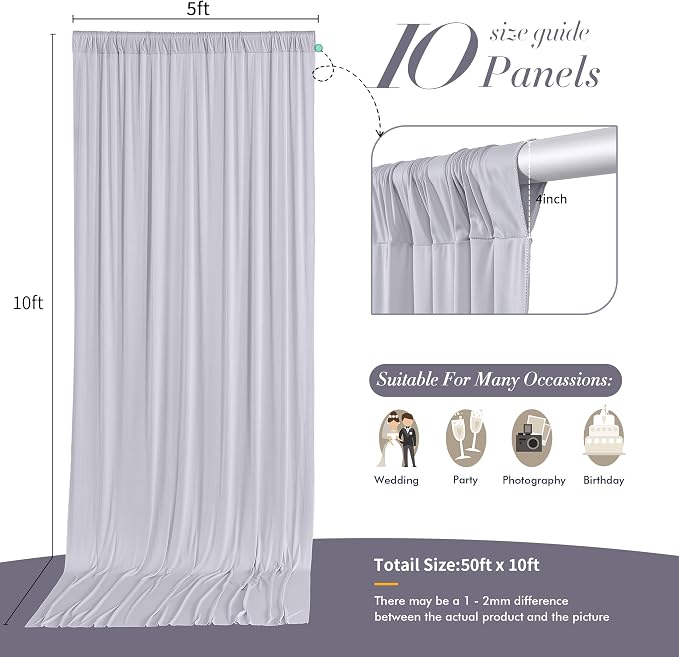 50 ft x 10 ft Wrinkle Free Silver Backdrop Curtain for Parties, Polyester Silver Grey Backdrop Drapes 10 Panels 5x10ft for Baby Shower Photoshoot Engagement Wedding Birthday Photography Background - Image 6