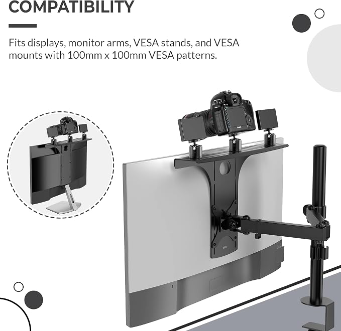 HumanCentric DSLR Monitor Mount Large, Desk Camera, Webcam & Mic Shelf | For Monitor VESA Arm, Replace Clamp Tripods, 100x100mm Patterns, Aluminum, Hardware Included, Light Mounting - Image 6