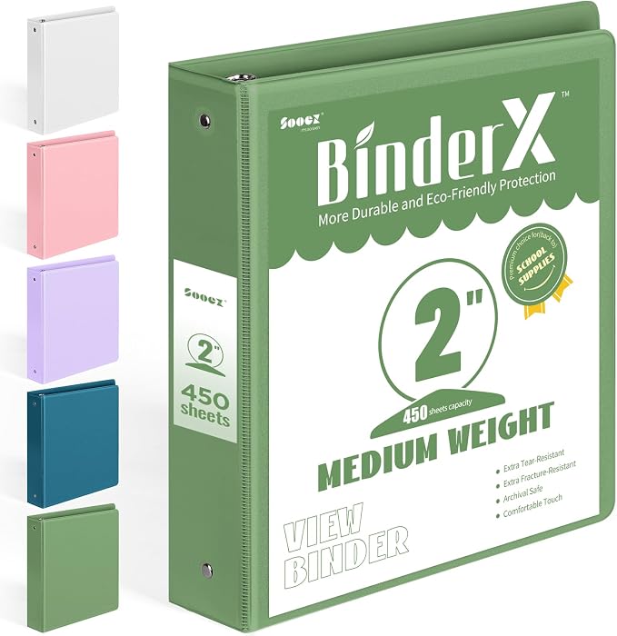 BinderX 3 Ring Binder 2 Inch, 2" Clear View Binder, Olive Green, Letter /A4 | Extra Durable, PVC-Free, Customizable, Interior Pockets, 450-Sheet Capacity, Eco-Friendly, Reinforced Hinge, School, Office by Sooez