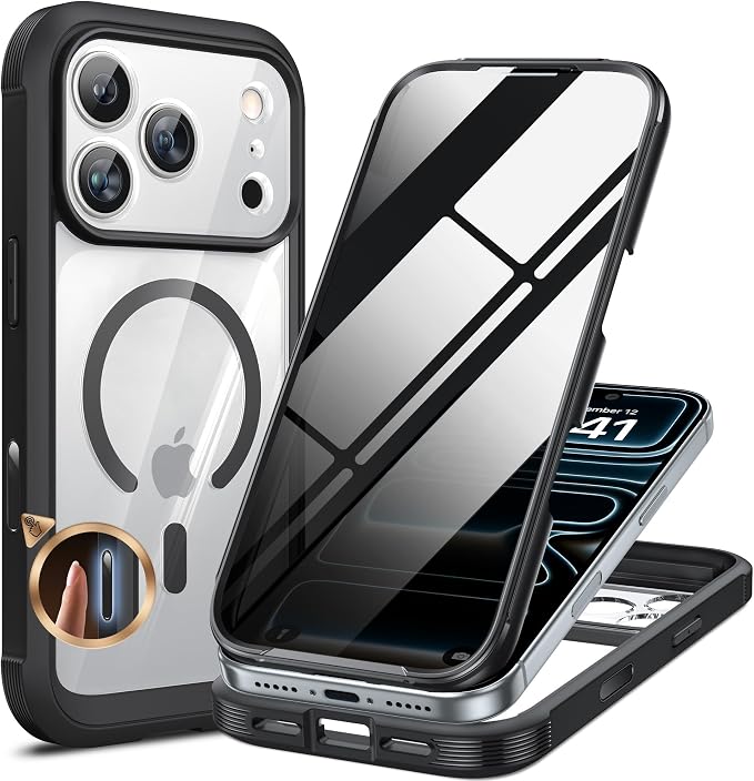 miracase for iPhone 17 Pro Privacy Series Case, Magsafe, Black | Built-in Privacy Screen Protector | 360° Full Protection | Colored Bezel & Clear Back | Shock-Absorbent | 6,3 Inch by Miracase