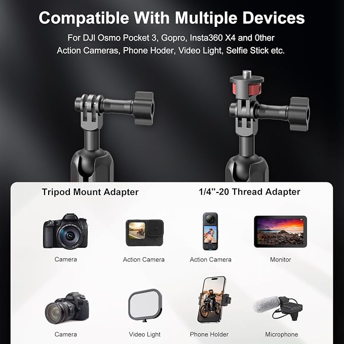 Camera Mount Super Clamp, Double Ballhead Magic Arm Clamp for GoPrO/Pocket 3 /lnsta360 X3 X4 /DSLR/Monitor/LED Light/Flash/Microphone,360°Rotating & 1/4”Screw & CNC Ebike Handlebar Clip Kit, JC008 - Image 6