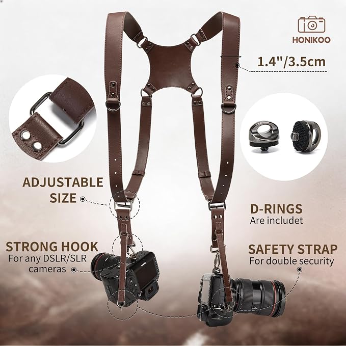 Dual Camera Harness Leather Camera Straps for Photographers for DSLR/SLR | Camera Holster Camera Harness for Photographers Leather Harness Camera Belt Spider Holster Camera Belt Camera Neck Strap - Image 3