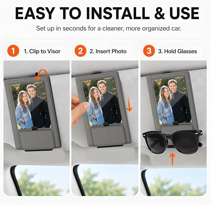 2-in-1 Car Visor Sunglasses & Photo Holder, Magnetic PU Leather Glasses Clip with Picture Display Slot, Universal Sun Visor Organizer for Eyeglasses, Personalized Cards & Memories, Gray - Image 4