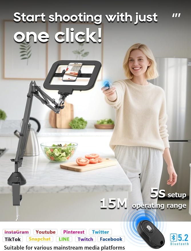 Upgrade Ring Light Overhead Phone Mount, LED Desk Ring Light with Clamp for Video Recording,Flexible Articulating Phone Arm Stand Compatible with iPhone,Live Streaming YouTube Tiktok - Image 5