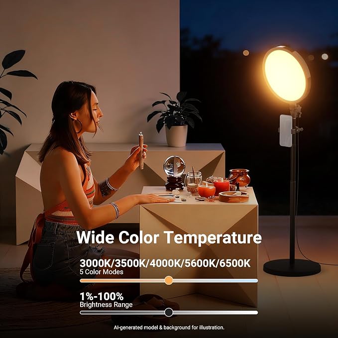 NEEWER Basics 13" 45W Large Ring Light with 66" Stand, 3000K-6500K CRI95+ Full Screen LED Panel Lighting with Phone Holder/Remote for Video Recording Selfie Streaming Makeup Studio Photography, BR45B - Image 5