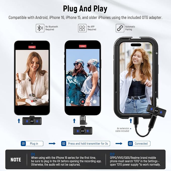 NEEWER Wireless Lavalier Microphone System Compatible with iPhone Android Phone PC Laptop Computer, Noise Cancelling Mini Lapel Mic Set with USB C OTG Charging Case 24H Battery 200m Long Range, KM18 - Image 4