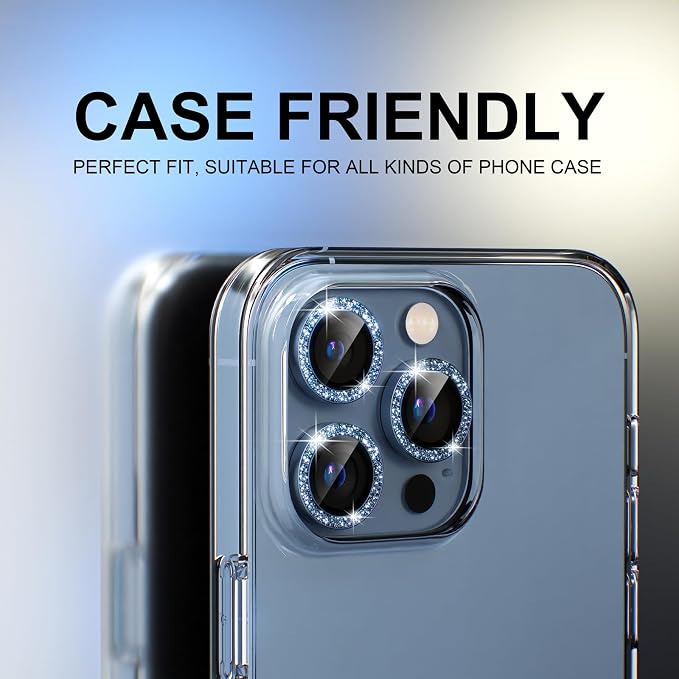 Choiche for iPhone 13 Pro/iPhone 13 Pro Max Camera Lens Protector | Ultra HD, Bling 9H Tempered Glass Camera Cover Screen Protector Metal Ring Decoration Accessories (Glitter-Sierra Blue) - Image 4