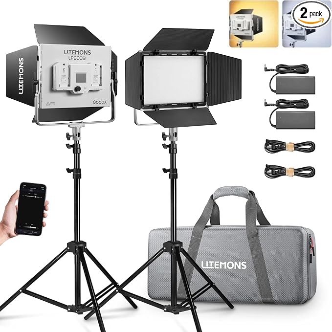 Godox LP600Bi Led Video Light Panel Light with Barndoor, 2-Pack Bi-Color 2800K~6500K 65W Soft Lights with Light Stand, APP Control CRI96+ 9020Lux LED by GODOX