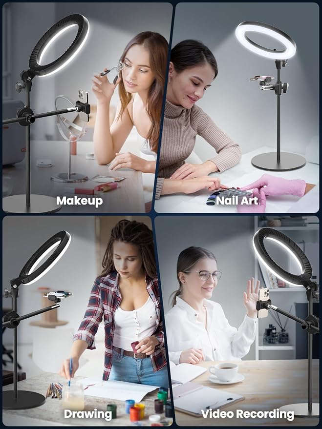 Selfie Ring Light with Stand and Phone Holder,Overhead Phone Mount with 10.5" Ring Lights,Desk Circle Lingt with Tripod Adjustable Shooting Arm for Video Recording,YouTube,TikTok,Live Streaming - Image 2