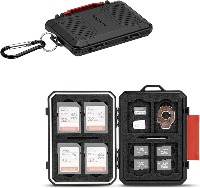 22 Slots SD MicroSD Memory Card Case, IP67 Waterproof Anti-Shock Memory Card Holder for 8 SD SDHC SDXC Cards, 12 MicroSD TF MSD Cards, 2 Nano SIM Storage Carrying Case - Black by Kiorafoto