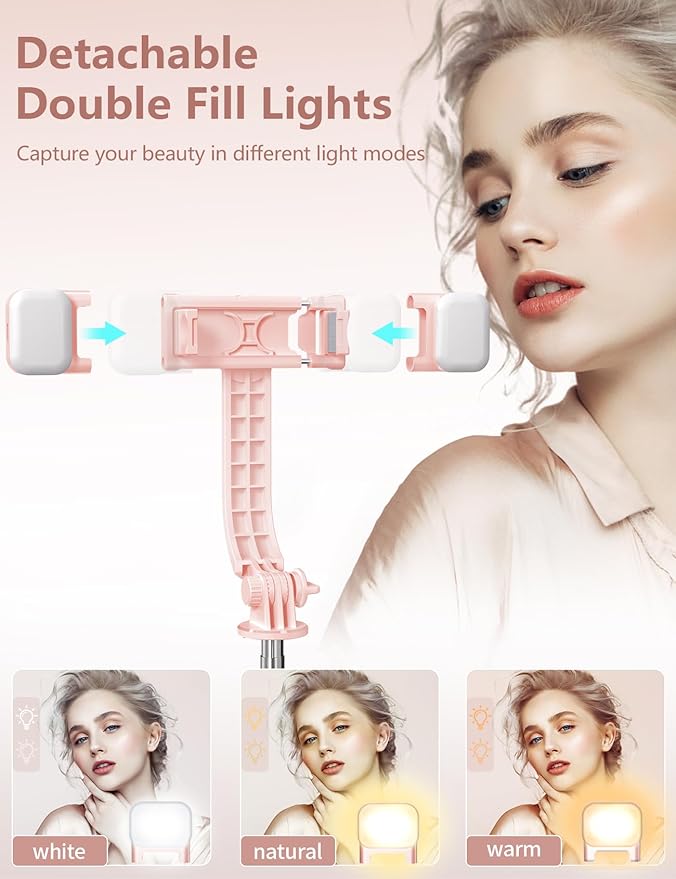 Selfie Stick with Light, 45'' Selfie Stick Tripod with Wireless Remote | Portable Travel Phone Tripod, Compatible with iPhone17/16/ 15 Pro Max/15/14, Samsung S22/ S23 Ultra/Android Smartphone (Pink) - Image 2