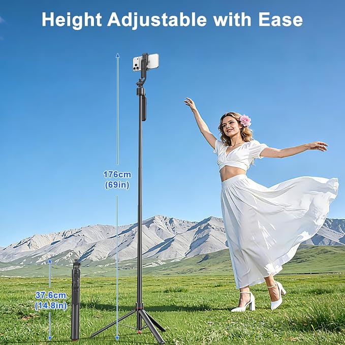 69.3" Auto Face Tracking Selfie Stick Tripod, 360° Rotation Auto-Open Phone Tripod Stand with Rechargeable Remote,for TikTok/Vlog/Live Stream,Compatible with iPhone/Android/Camera/GoPro - Image 7