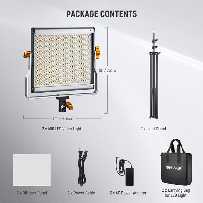 Neewer 2 Packs Dimmable Bi Color 480 LED Video Light Kit, 3200~5600K CRI 96+ LED Panel with U Bracket, 75 inches Tripod Light Stand for YouTube Recording Studio Photography Streaming Key Lighting - Image 7