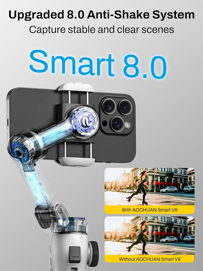AOCHUAN Smartphone Gimbal Stabilizer for iPhone & Android, 3-Axis Phone Gimbal with Bluetooth Remote Control, Built-in 7.8” Extendable Rod, Face Tracking, Video Stabilizer – Smart V8 Kit White - Image 2