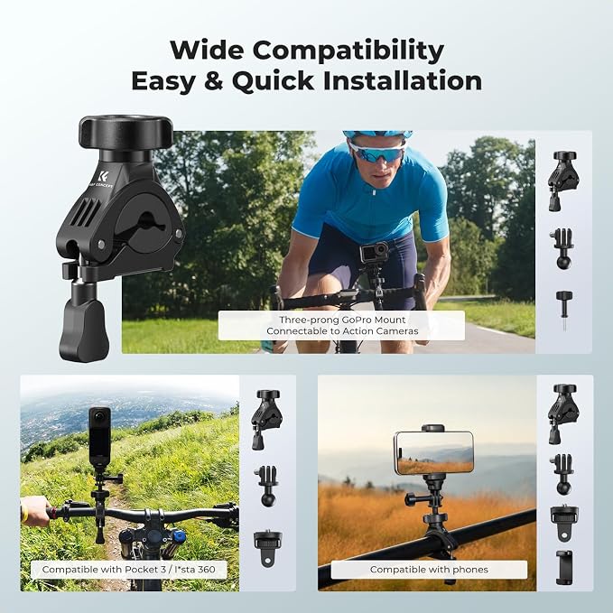K&F CONCEPT Handlebar Bike Mount, 360° Rotation Camera Clamp Mount | with 1/4" Screw Compatible with Hero 13/12/11/10, Osmo Action 6 5 4 Pro, 360 X5 X4 and Smartphones, MS69 - Image 3
