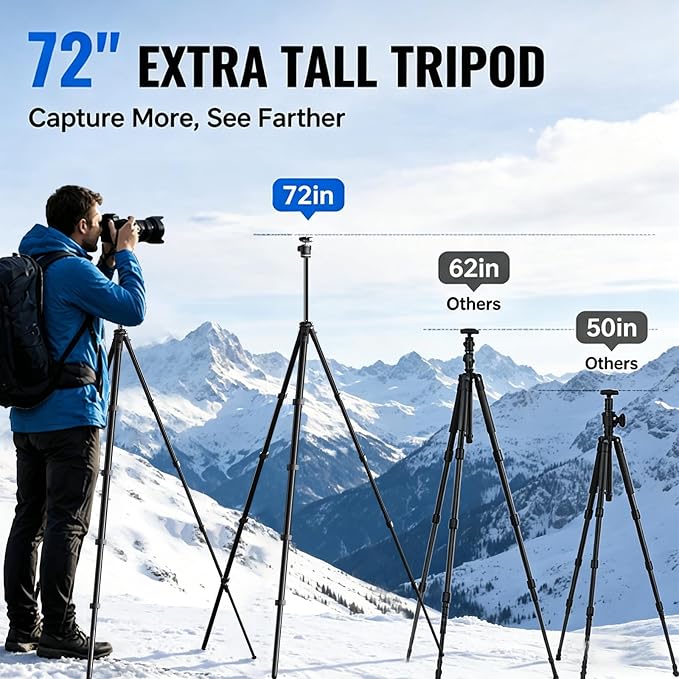 72" Travel Tripod for Camera and Phone, Lightweight Aluminum Tripod with Arca Ball Head, Phone Holder, Quick-Release Plate, Wireless Remote & Carry Bag for DSLR Smartphone Video Recording - Image 5