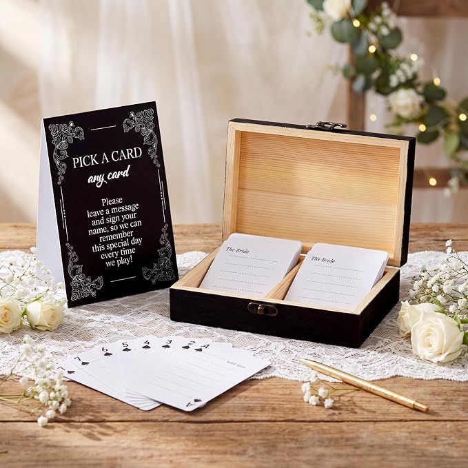 AceOrbit 57 Pack Black Wedding Guest Book Playing Cards Set with Wooden Box | Wedding Signing Guestbook Alternative Personalized Blank Deck of Cards for Guest Reception Modern Vegas Bridal Shower Games - Image 2