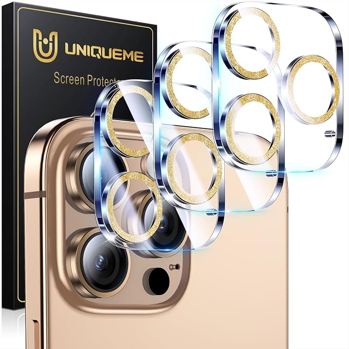 UniqueMe for 3 Pack iPhone 16 Pro/16 Pro Max Camera Lens Protector- Gold | Drop Protection, Case Friendly, 9H Tempered Glass, Camera Cover Screen, Update New Version by UniqueMe