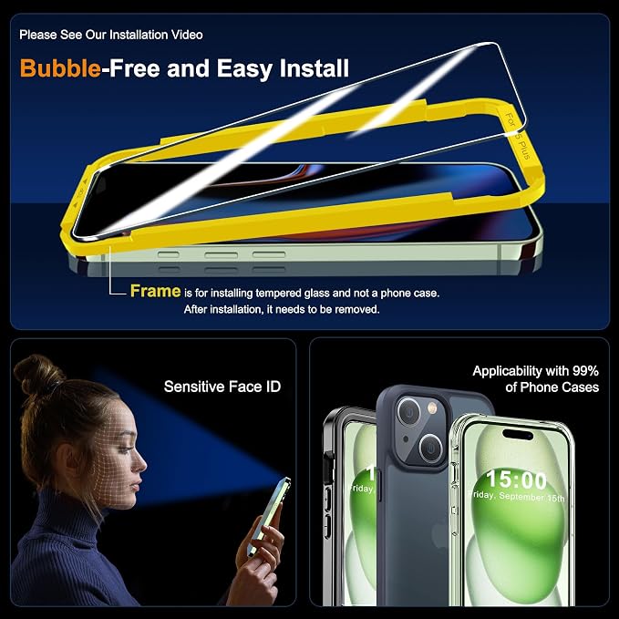 QHOHQ 3 Pack Screen Protector for iPhone 15 Plus [6.7 Inch] with 3 Pack Camera Lens Protector, Tempered Glass Film, HD Clear, 9H Hardness, No Bubbles, Case Friendly - Image 6