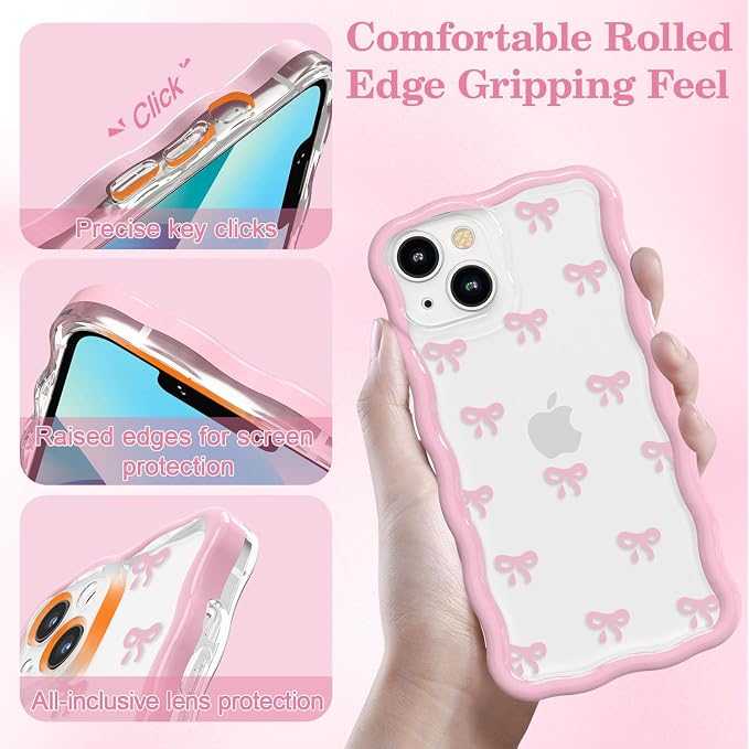 QLTYPRI for iPhone 15 Pink Bow Case, Clear Cute Pink Ribbon Bow Phone Case Curly Wavy Aesthetic Phone Cover, Soft Slim Transparent TPU Shockproof Protective Cover for Women Girls - Tiny Bow - Image 3