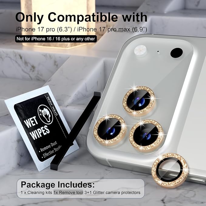 Choiche for iPhone 17 Pro/iPhone 17 Pro Max Camera Lens Protector | Ultra HD, Bling 9H Tempered Glass Camera Cover Screen Protector Metal Ring Decoration Accessories (Glitter-Gold) - Image 2