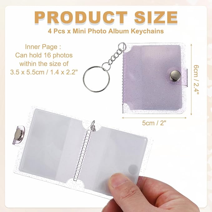 uxcell 4 Pcs Mini Photo Albums, 2.4 Inch PVC Small Photo Storage with Keychain Photo Album with 16 Pockets for Pictures Valentine's Day Gift Wedding, Purple - Image 2