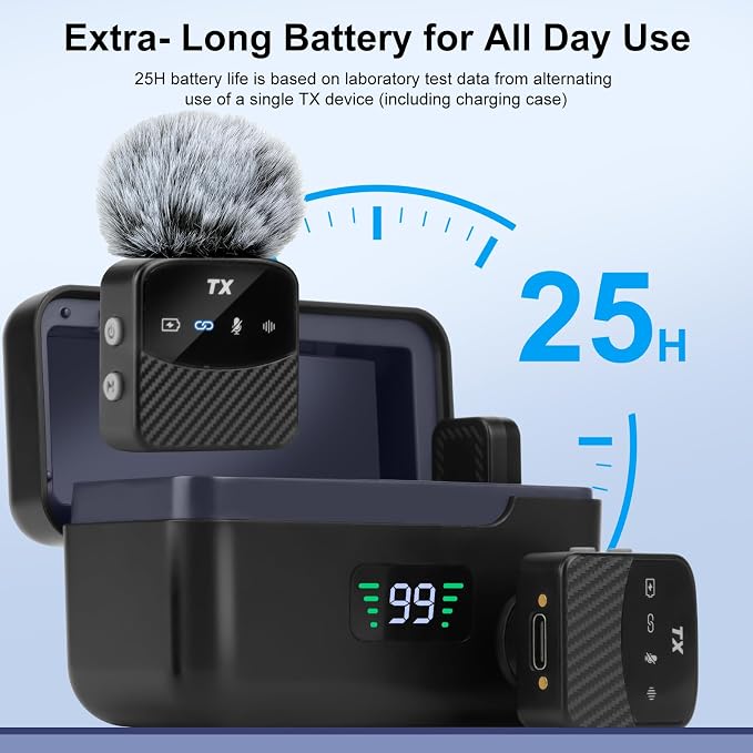 Mini Wireless Lavalier Microphone for iPhone/Android/Tablets,Magnetic Mini Mic with Noise Reduction, 25H Battery Life with Charging Case, Lapel Microphone Wireless for Video Recording Podcast - Image 3