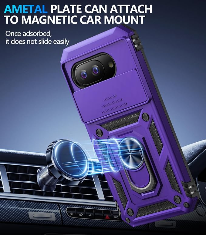 Taisairu for Google Pixel 10A Case with Screen Protector & Slide Camera Lens Cover,Built-in 360°Rotate Magnetic Ring Stand Shockproof Protective Phone Case for Google Pixel 10A Case (Purple) - Image 5