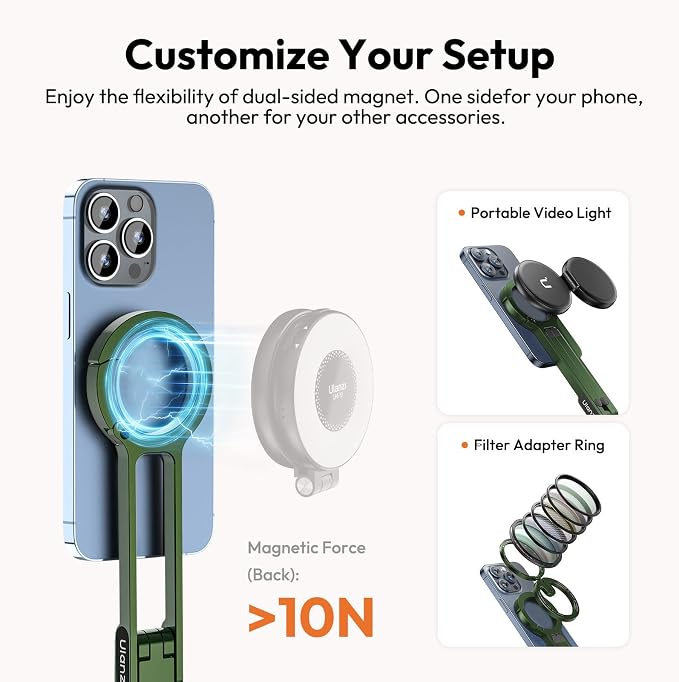ULANZI MA30 Magnetic Phone Tripod Stand for iPhone - Aluminium Maglock Smartphone Mini Tripod Pocket Cell Phone Stand Strong Magnet Quick Mount Compatible with iPhone 17 16 15 14 13 12 Series, Green - Image 6