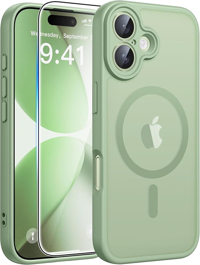 FNTCASE for iPhone 17 Case, Compatible with Magsafe, Glass Screen Protector | Full Camera Protection, Translucent Matte, 14FT Military Grade Drop Proof, Shockproof Protective Phone Cover, Light Moss by FNTCASE